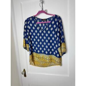 Renee C Block Print Flowy Blouse Women's Small Navy Blue Gold V-neck Top Shirt